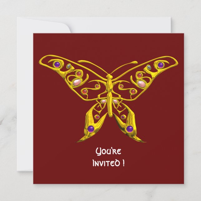 GOLD HYPER BUTTERFLY,GEMSTONES,Red Wedding Invite (Front)