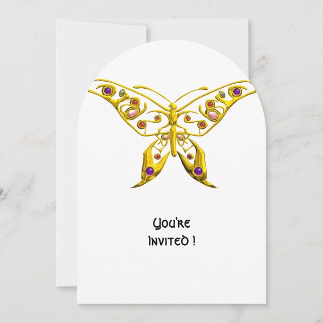 GOLD HYPER BUTTERFLY,GEMSTONES Wedding Invitation (Front)