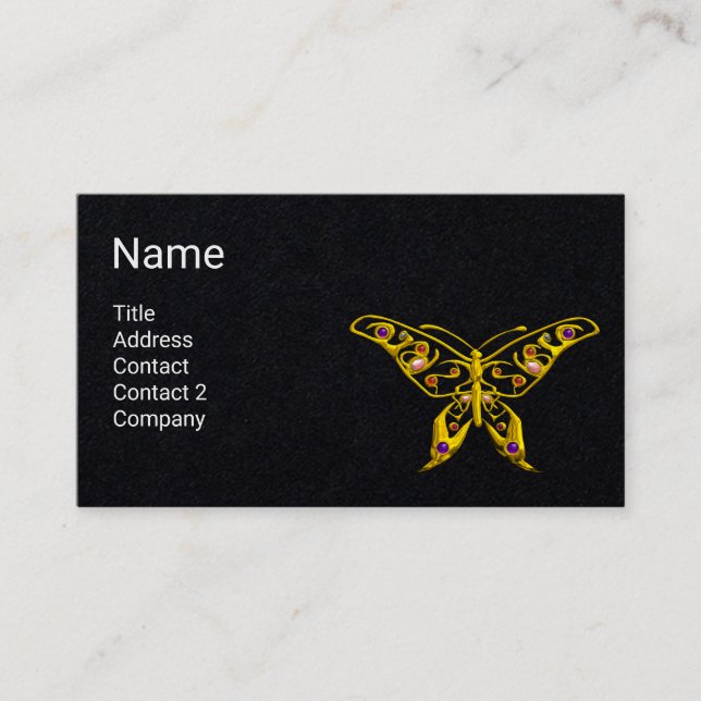 GOLD HYPER BUTTERFLY JEWEL ,GEMSTONES Black Paper Business Card (Front)