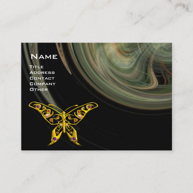 GOLD HYPER BUTTERFLY JEWEL Grey Fractal Swirls Business Card (Front)