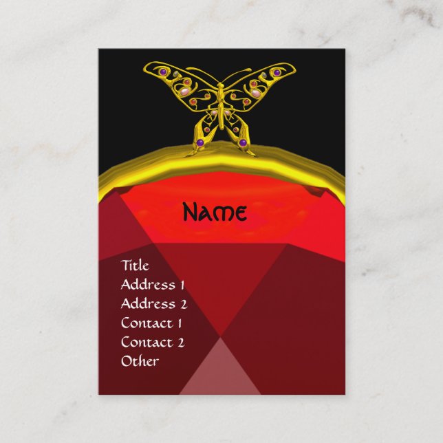 GOLD HYPER BUTTERFLY JEWEL,RED RUBY MONOGRAM Black Business Card (Front)