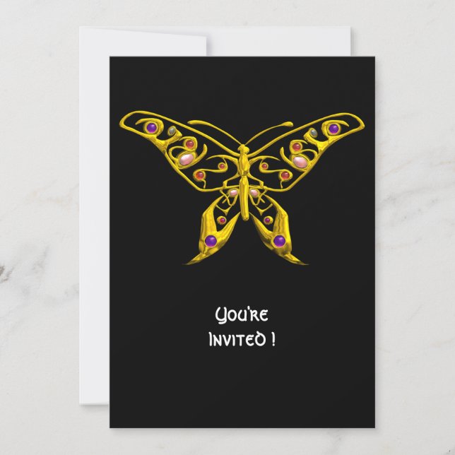 GOLD HYPER BUTTERFLY WITH GEMSTONES Black Invitation (Front)