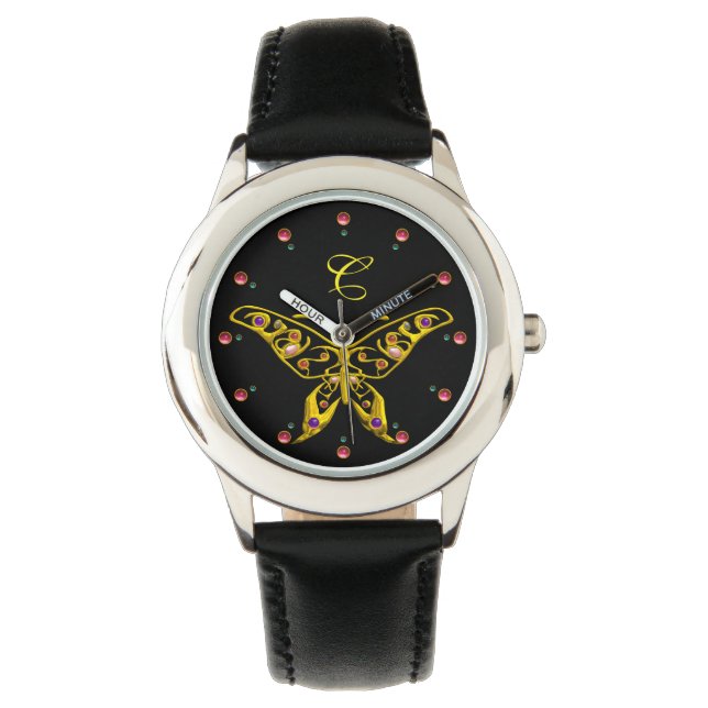 GOLD HYPER BUTTERFLY WITH GEMSTONES Monogram Black Watch (Front)