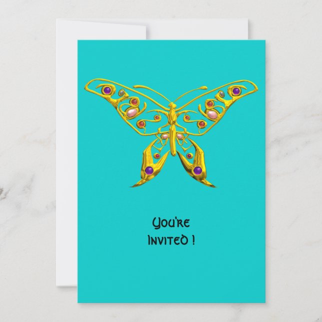 GOLD HYPER BUTTERFLY WITH GEMSTONES,Turquoise Blue Invitation (Front)
