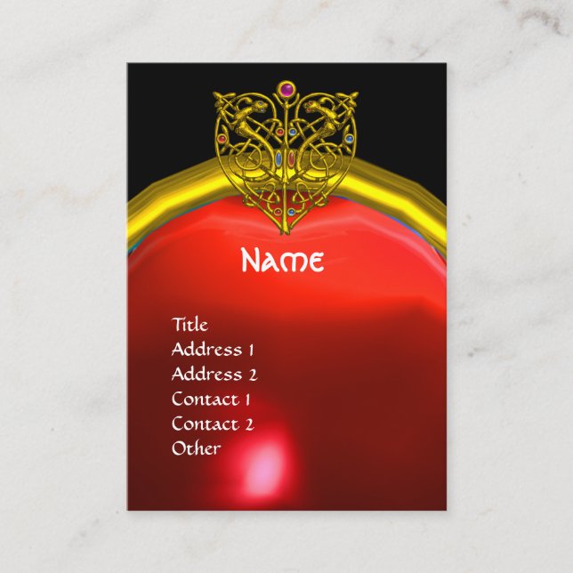 GOLD HYPER VALENTINE HEART RED RUBY MONOGRAM Black Business Card (Front)