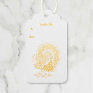 Gold Illustration of Male turkey Fanned Tail Leave Gift Tags
