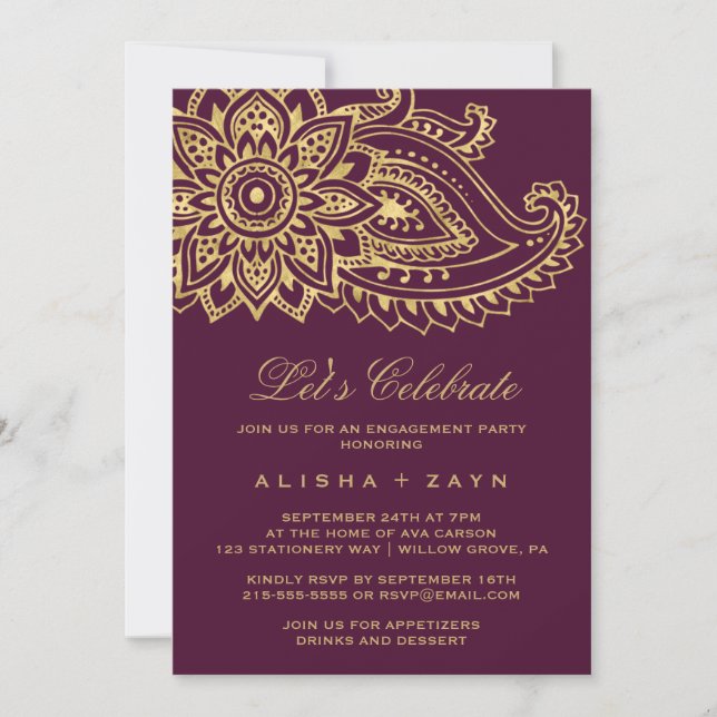 Gold Indian Paisley Let's Celebrate Invitation (Front)