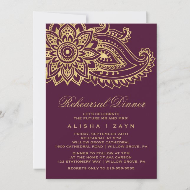 Gold Indian Paisley Rehearsal Dinner Invitation (Front)