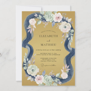 Gold Indigo Peony Wedding Invitation