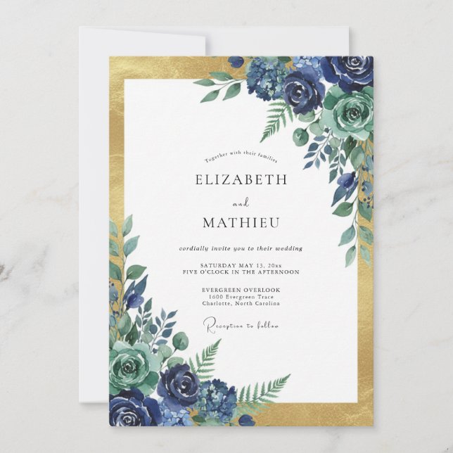 Gold Indigo Rose Wedding Invitation (Front)