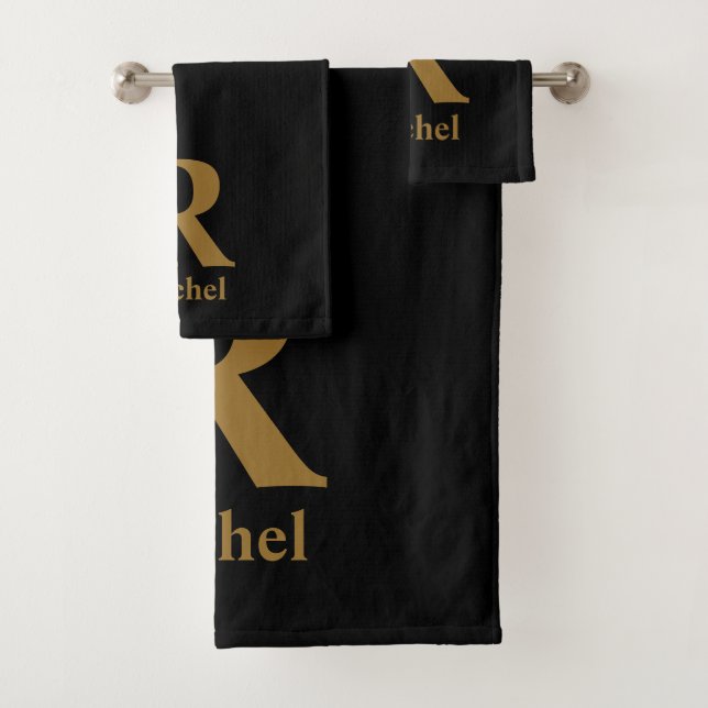 Gold Initial/First/Family Name On Black Bath Towel Set (Insitu)