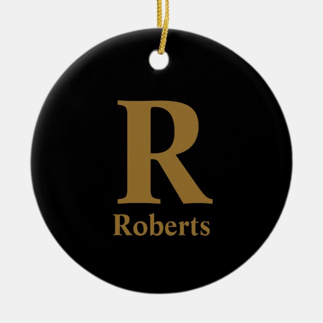 Gold Initial/First/Family Name On Black Ceramic Tree Decoration (Front)
