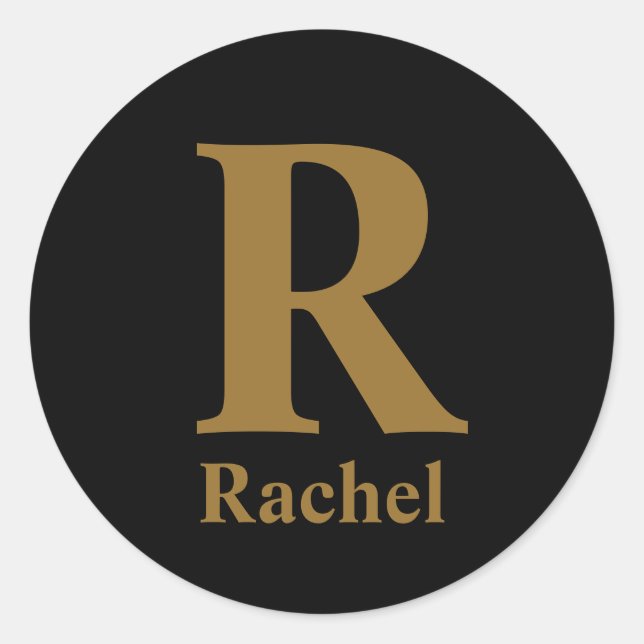 Gold Initial/First/Family Name On Black Classic Round Sticker (Front)