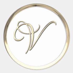 Gold Initial Monogram V Script Any Colour Classic  Round Sticker