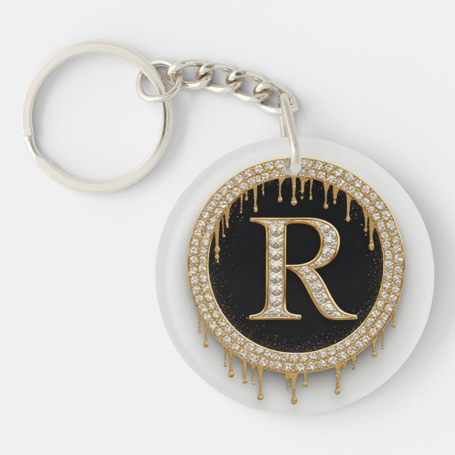 Gold Initial R Black Keepsake Key Ring (Front)
