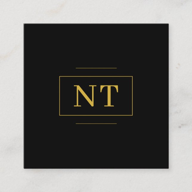 Gold Initials Border Monogram Minimalist Black Square Business Card (Front)
