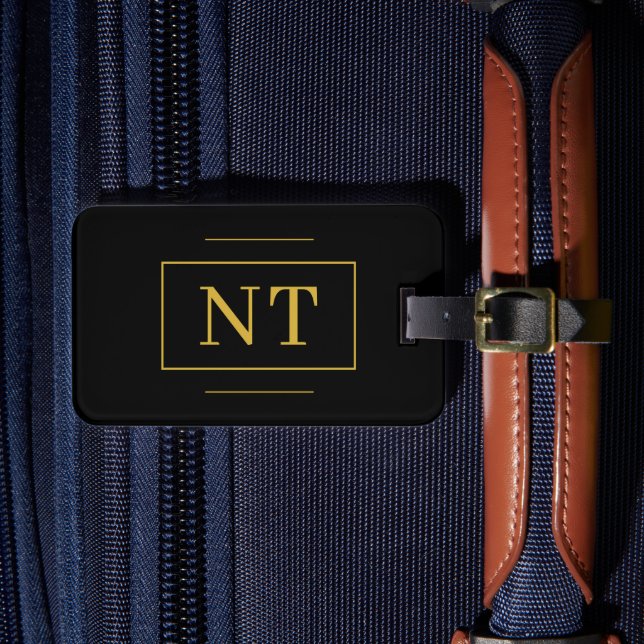 Gold Initials Monogram Black Luggage Tag (Front Insitu 4)