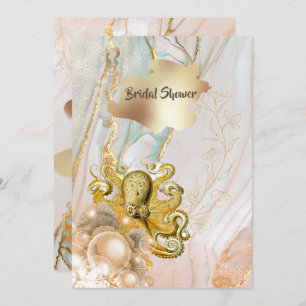 Gold ink marble swirl octopus beach theme invitation