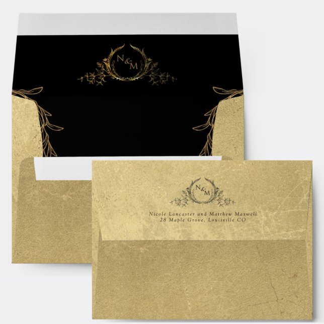Gold, Inside Black, Elegant Monogram Wedding Envelope (Creator Uploaded)