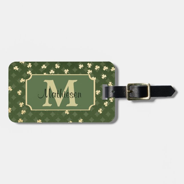 Gold Irish Shamrock Pattern Monogram Luggage Tag (Front Horizontal)