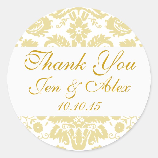 Gold Ivory Damask Wedding Favour Classic Round Sticker (Front)