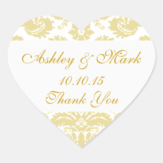 Gold Ivory Damask Wedding Favour Heart Sticker (Front)