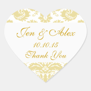 Gold Ivory Damask Wedding Favour Heart Sticker