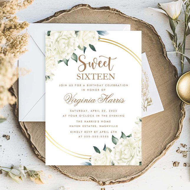 Gold Ivory Floral Sweet Sixteen 16 Birthday Invitation (Creator Uploaded)