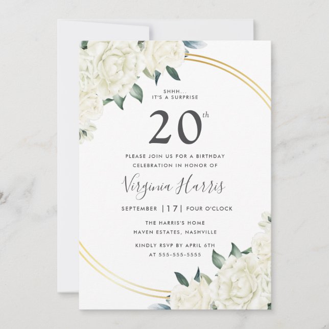 Gold Ivory Floral Twenty 20th Birthday Invitation (Front)