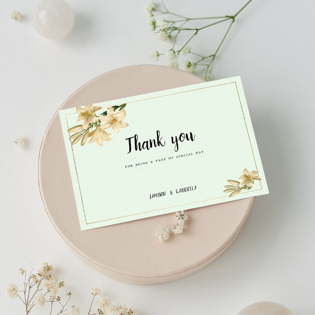 Gold ivory mint green white lily flower Thank You Invitation (Gold ivory mint green white lily flower Thank You)