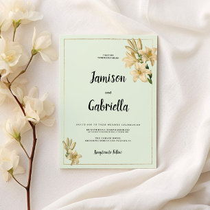 Gold ivory mint green white lily flower Wedding  Invitation