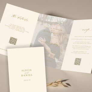 Gold ivory photo wedding RSVP details QR code Tri-Fold Invitation