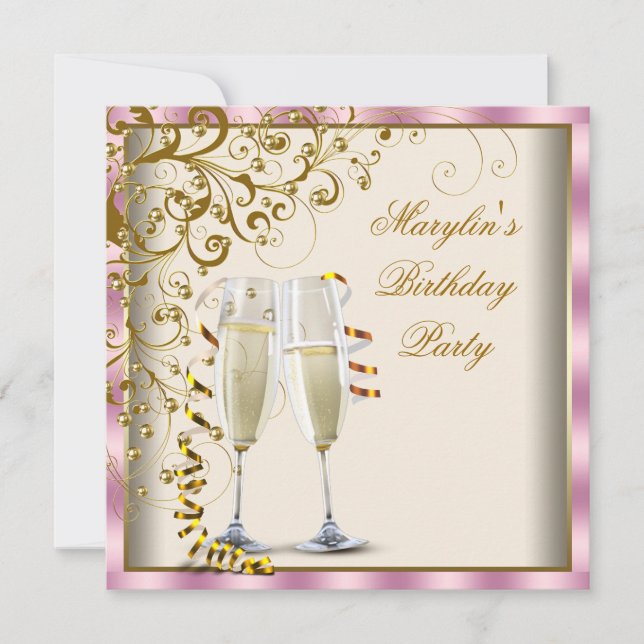 Gold Ivory Womans Pink Gold Cream Birthday Invitation (Front)