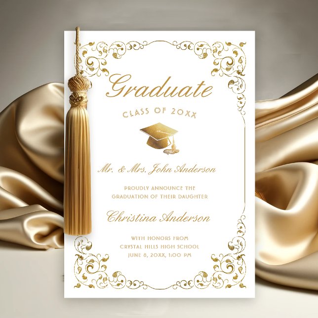 Gold Ivy Cap Script From Parents White Graduation  Announcement (Gold Ivy Leaf on White Graduation Announcement from Parents)
