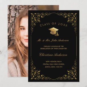 Gold Ivy Script Photo From Parent Black Graduation Announcement