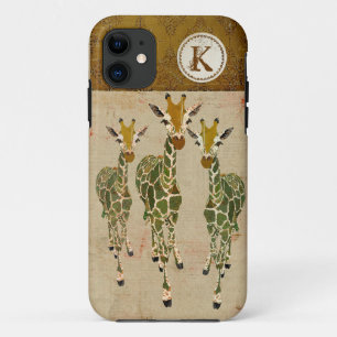 Gold & Jade Giraffes Damask Monogram iPhone Case