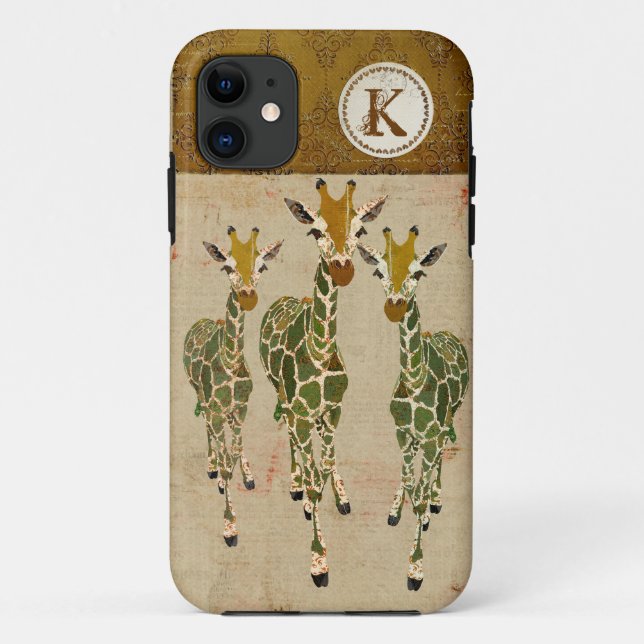 Gold & Jade Giraffes Damask Monogram iPhone Case (Back)