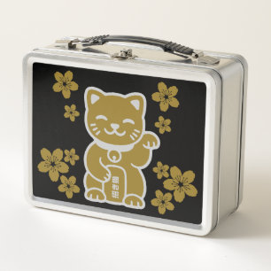 Gold Japanese Maneki-neko Metal Lunch Box