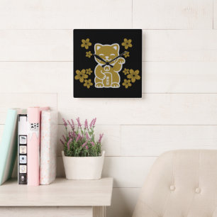 Gold Japanese Maneki-neko Square Wall Clock