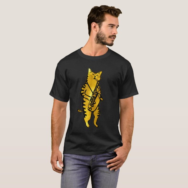 Gold JAZZ CAT Playing The SAX Musicians Tee (Front Full)