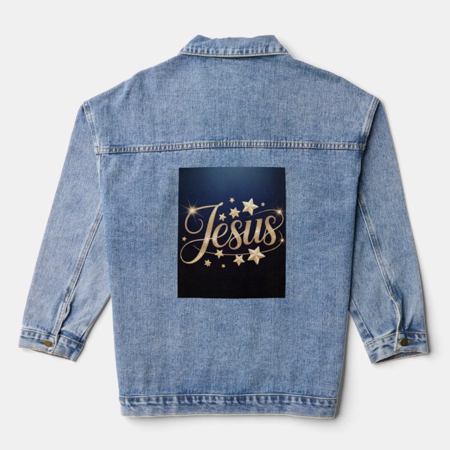 Gold Jesus Script Blue  Denim Jacket (Back)
