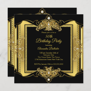 Gold Jewel Black Elegant Birthday Party Photo Invitation