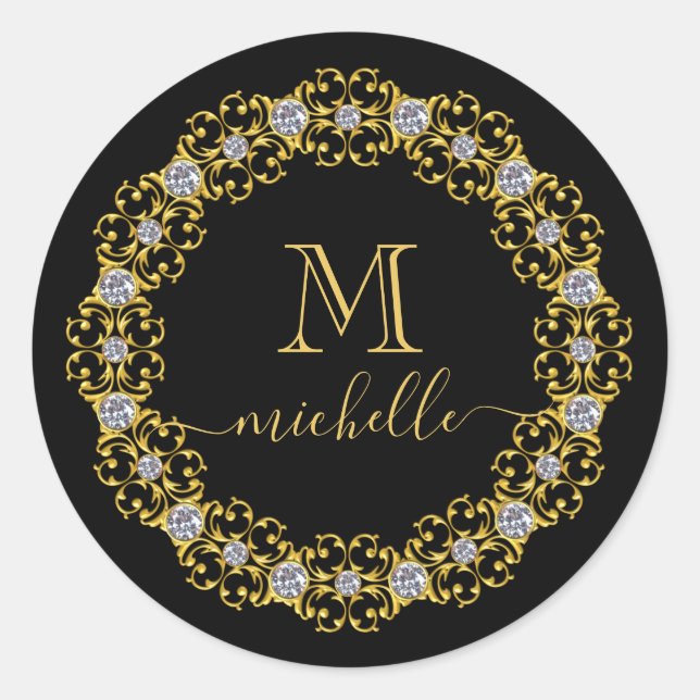 Gold Jewel Frame Monogram Name Classic Round Stick Classic Round Sticker (Front)