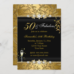 Gold Jewel Leaf 50 Fabulous Birthday Black Invitation