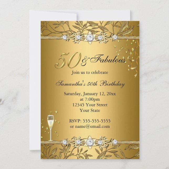 Gold Jewel Leaf 50 & Fabulous Birthday Invitation (Front)