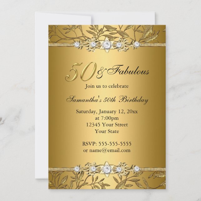 Gold Jewel Leaf 50 Fabulous Birthday Invitation (Front)