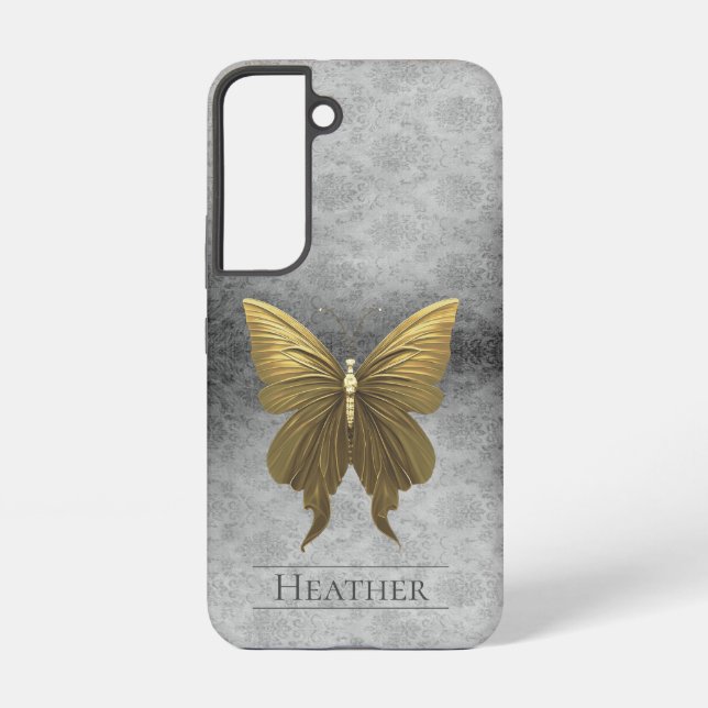 Gold Jewelled Butterfly Damask Samsung Galaxy S22 Case (Back)