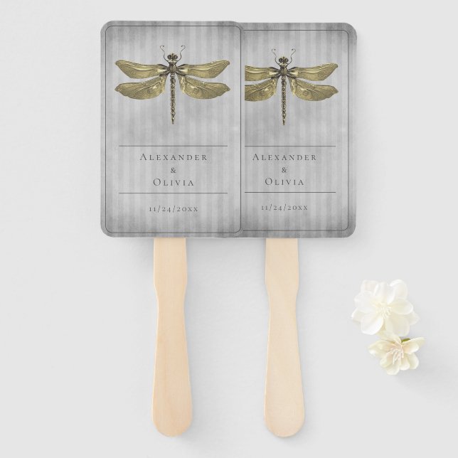 Gold Jewelled Dragonfly Wedding Favour Hand Fan (Front and Back)