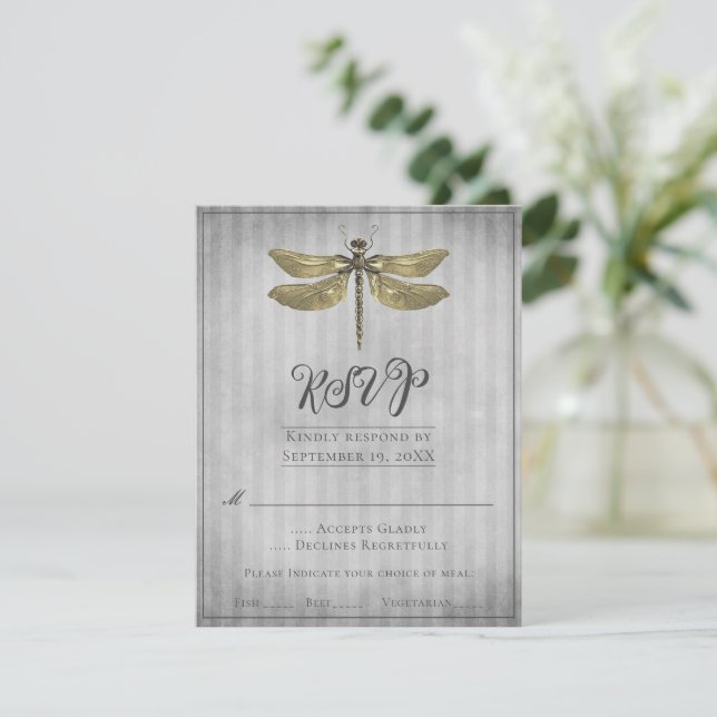Gold Jewelled Dragonfly Wedding RSVP (Standing Front)