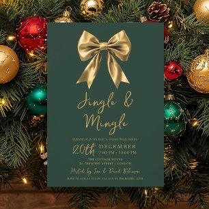 Gold Jingle & Mingle Christmas Party Bow Green Invitation